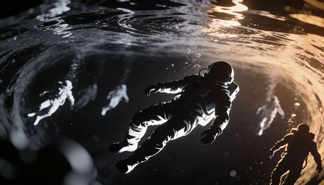 Drifting astronaut floating near luminous vortex in deep space with silhouetted crew