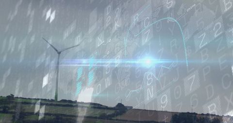 Futuristic wind turbine with digital data overlay on agricultural landscape