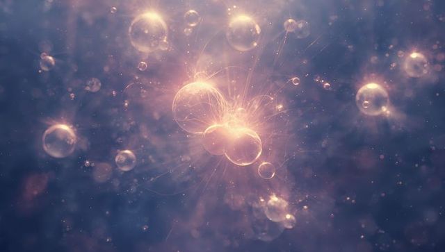 Glowing bubble cluster releasing pink-gold filaments amid bluish-violet bokeh particles