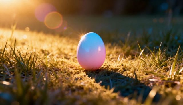 Pastel gradient egg standing on mossy lawn at golden hour with glossy orb and sun flare