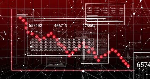 Crimson Data Nexus Displaying Real-Time Analytics, Network Mesh, Keyboard Matrix Trend