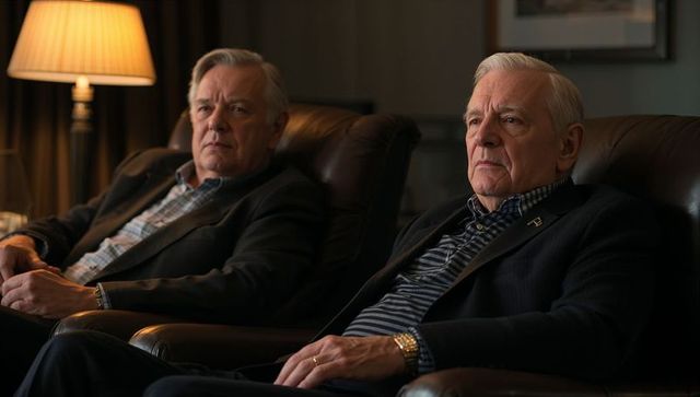 Senior men sitting in leather chairs, talking and reflecting in cozy study by lamp