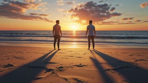 Two friends enjoying sunset on tranquil beach
