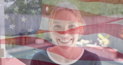 Smiling Woman with American Flag Overlay Suggesting Patriotism