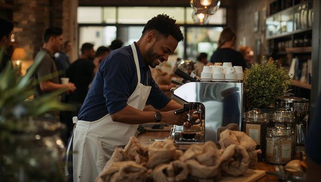 Smiling barista pulling espresso shot at busy coffee counter with beans and burlap sacks
