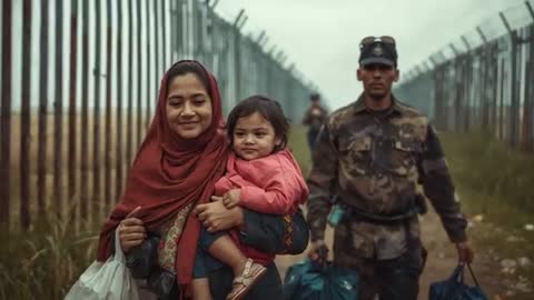 Woman in Red Scarf Carrying Toddler Along Fenced Border Path While Guard Escorting Behind