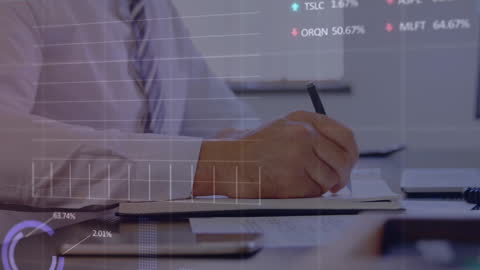 Businessman Analyzing Data with Digital Interface Overlays in Office
