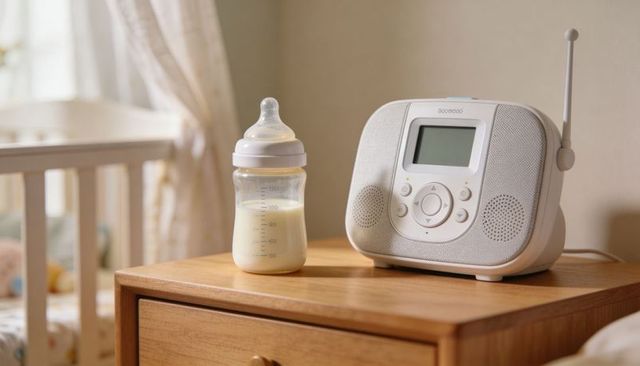 Sitting baby bottle and audio monitor on nursery dresser creating calm nighttime feeding scene