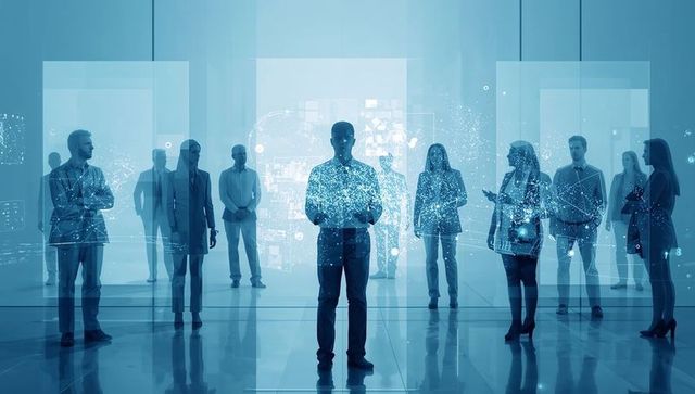 Leader presenting holographic data while team collaborates in futuristic digital workspace