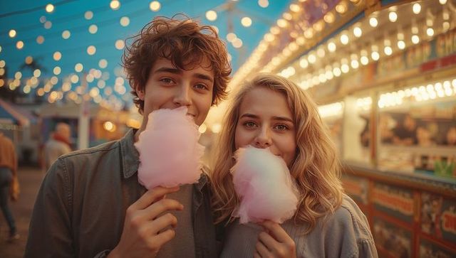 Teenage Couple Enjoying Cotton Candy at Dusk Festival