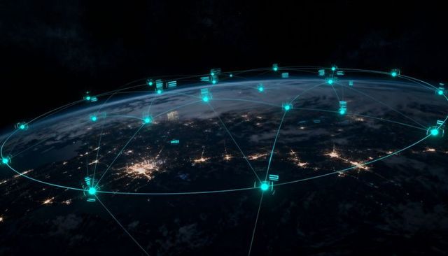 Orbital connectivity network mapping neon data links across night earth and city lights