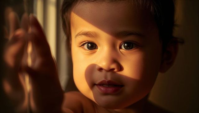 Toddler reaching toward window with heart-shaped shadow on cheek during golden hour