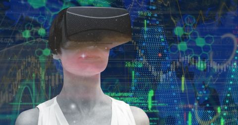 Woman Exploring Virtual Reality Amid Digital Graphs and Data
