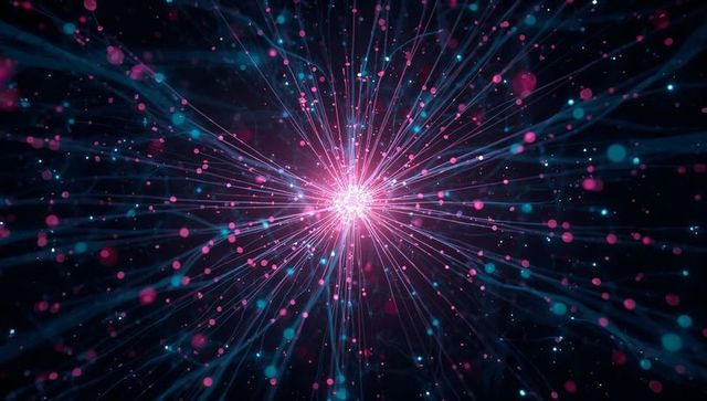 Neon particle burst radiating from luminous core with cyan pink bokeh glow