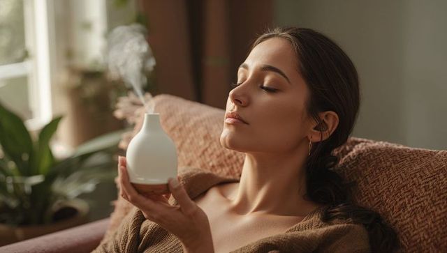 Serene woman reclining on sofa enjoying ceramic aromatherapy diffuser and wireless earbud