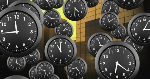 Multiple clocks floating over modern cityscape concept