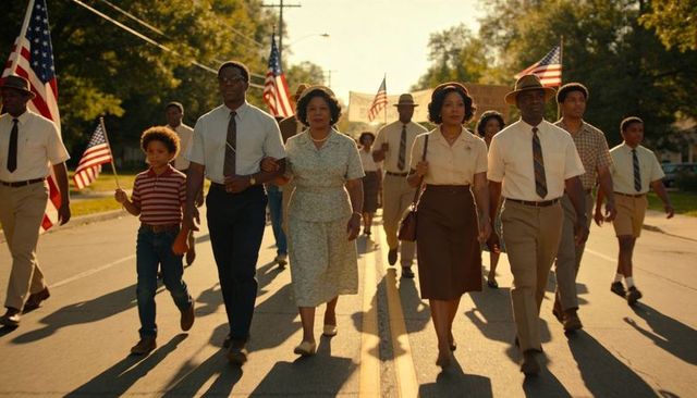 Multigenerational community marching for civil rights on sunlit town street with flags