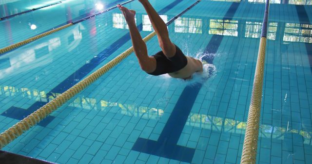 Athlete dives into a swimming pool at an indoor facility. Precision and agility are showcased in this competitive swimming environment.