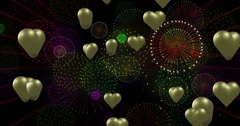 Floating Gold Hearts with Fireworks Celebration