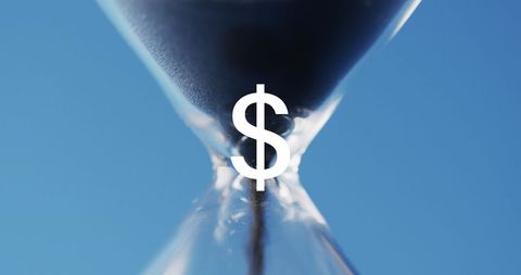 Creative concept of dollar sign atop hourglass signifies the importance of time in financial investment. Ideal for illustrating economic growth, time management in business strategies, or financial services promotional material.