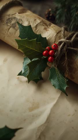 Slow panning vertical video revealing vintage parchment scroll with holly berries and pine cone