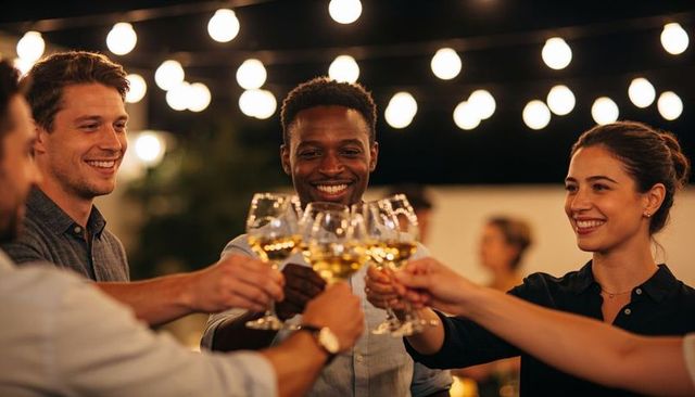 Friends clinking white wine glasses under warm string lights on outdoor patio at night