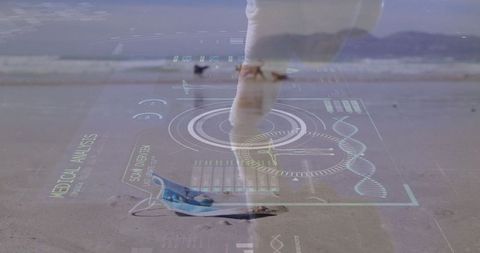 Holographic Medical Interface on Beach with Gloved Hand and Mask