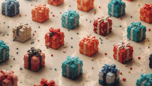 Pattern of small wrapped gift boxes with ribbons and confetti on textured surface flatlay