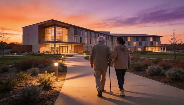 Senior walking with companion at sunset on lit pathway to modern assisted living campus