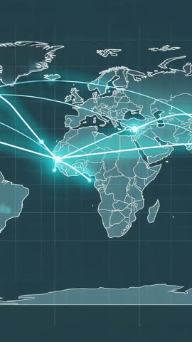 Vertical Tech Map Showing Pulsing Nodes and Global Connectivity Tracing Data Routes
