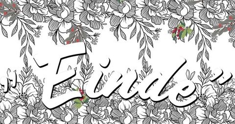 Einde text over floral design background with decorative elements