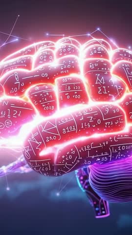Pulsing Neon 3D Brain Floating Equations Vertical Tech Motion for Futurism