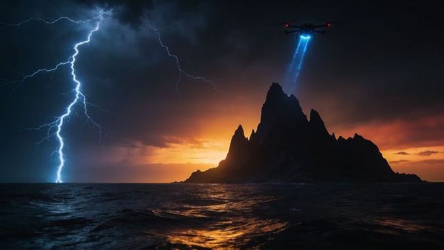 Drone casting blue beam over jagged island at stormy sunset with lightning strike