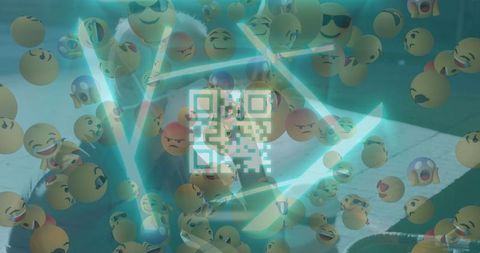 Futuristic hologram technology with neon qr code and emojis