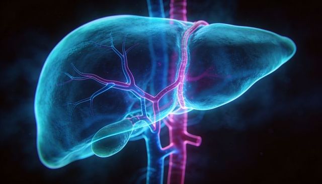 Neon 3D liver visualization showing glowing hepatic vasculature and gallbladder detail