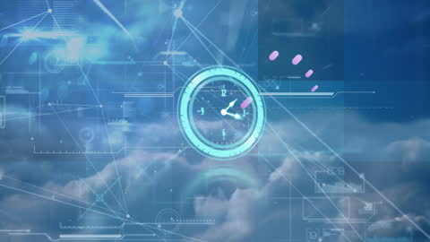 Futuristic Digital Interface with Moving Clock Over Cloudy Sky