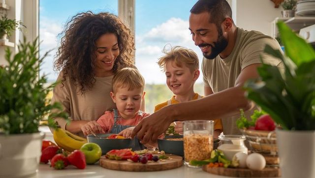 Multicultural family preparing nutritious breakfast together in bright home kitchen