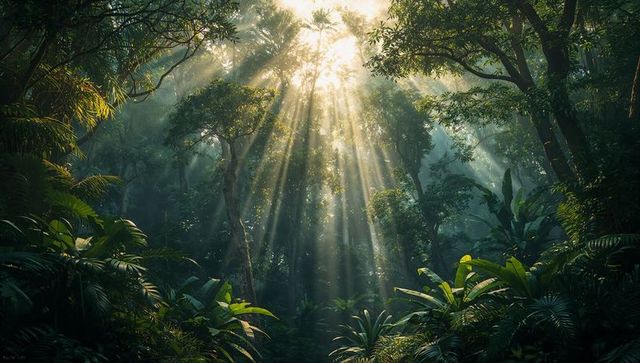 Sunbeams piercing mist in lush tropical rainforest clearing with verdant canopy