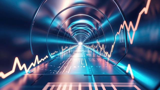 Futuristic data tunnel with digital waveform and glowing led strips