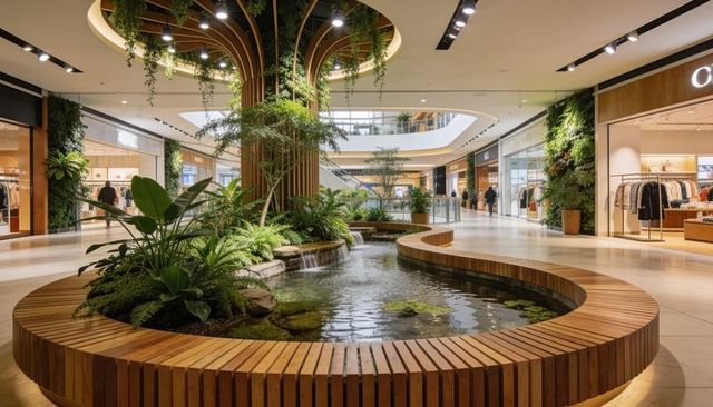 Featuring circular wooden pond and lush biophilic greenery in modern shopping mall atrium