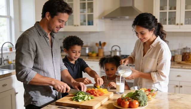 Family preparing healthy meal together in bright kitchen - parents and kids cooking