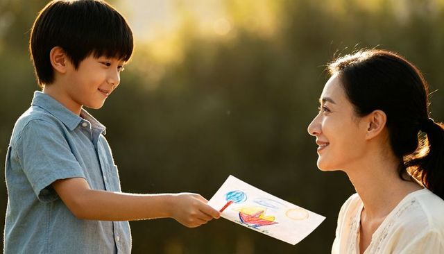 Asian mother receiving crayon drawing from young son in sunlit park during golden hour