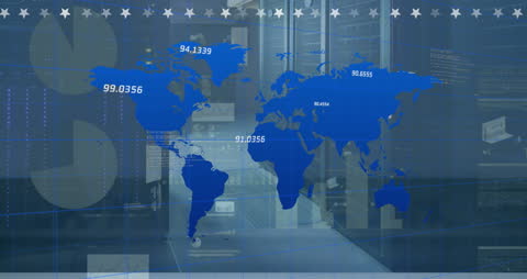 Global Technology Infographic Overlay with Server Room Background