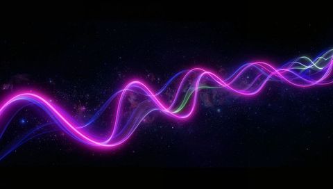 Iridescent neon wave ribbon across cosmic starfield pink purple glowing light trail