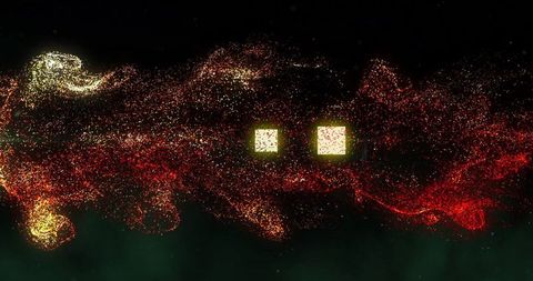 Abstract Red and Gold Particle Swirl with Glowing Squares