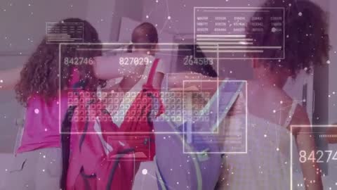 Four Girls Walk Through Hallway With Digital Overlays