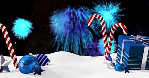 Festive Candy Canes and Present Amidst Fireworks Display - Download Free Stock Images Pikwizard.com