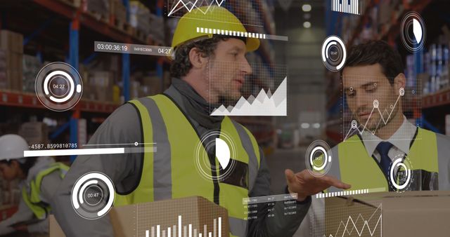 Warehouse workers standing in storage aisle using augmented reality interface for data analysis. Worker in hard hat and safety vest discussing charts and graphs with colleague. Ideal for illustrating industry technology, teamwork in logistics, or modern supply chain management applications.