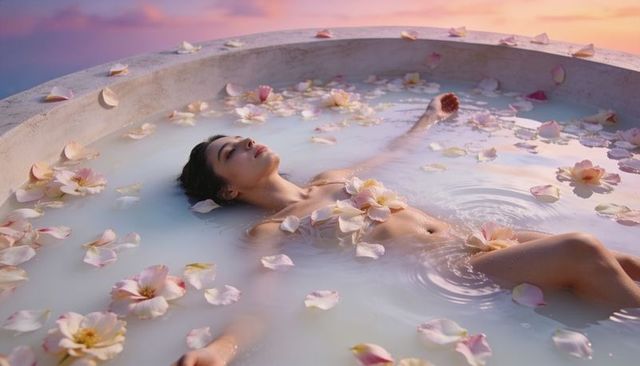 Reclining woman floating in milky bath with rose petals at sunset spa scene