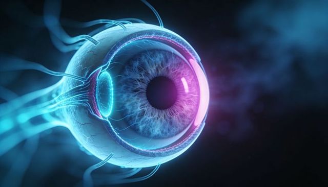 Glowing human eyeball floating in dark sci-fi void with neon cyan and magenta rings